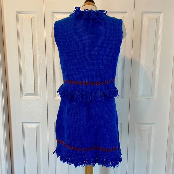 Vintage Handmade Blue and Red Fringe Knit Vest and Skirt Set - Picture 2 of 9